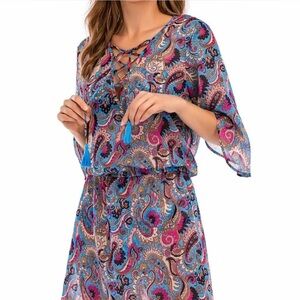 Lucky Brand Blue and Pink Paisley Swim Coverup